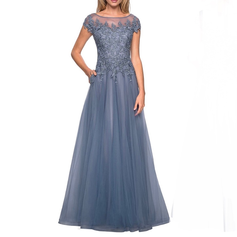 LA FEMME Tulle A Line Evening Gown Size 8 Smoky Blue